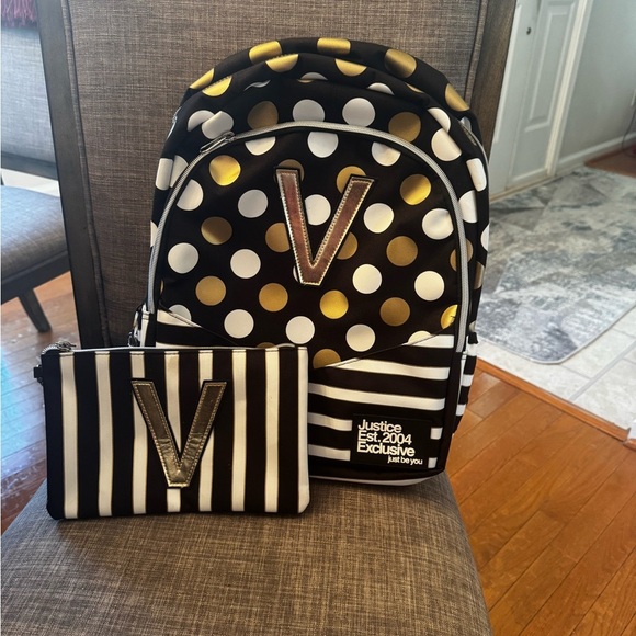 Justice Backpack Initial V Black White Gold Polka Dots Bookbag & Wristlet NEW - Picture 5 of 5